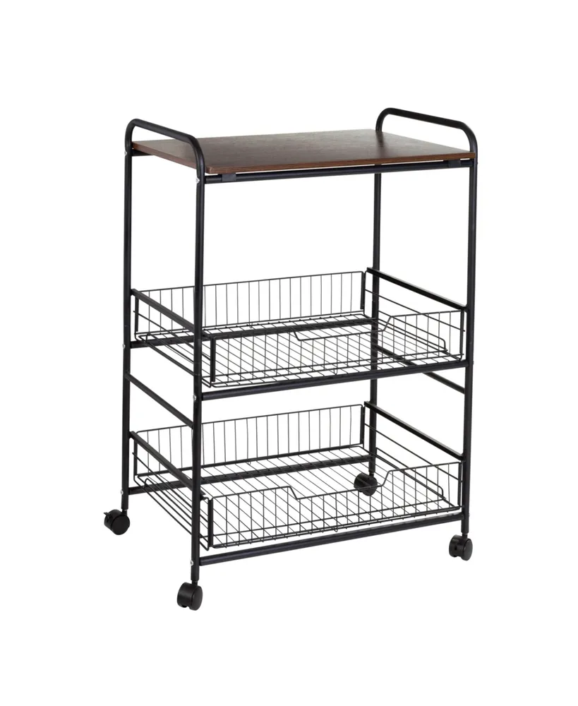 3 Tier Wood Shelf and Pull-Out Baskets Rolling Cart