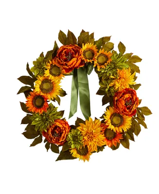 Peony, Dahlia and Sunflower Artificial Wreath, 24"