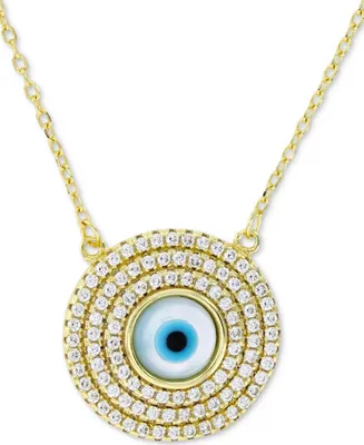 Cubic Zirconia & Enamel Evil Eye Halo Pendant Necklace in 14k Gold-Plated Sterling Silver, 16" + 1" extender