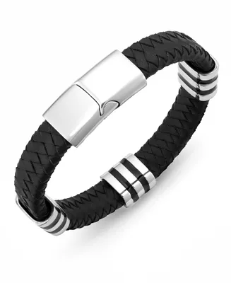 Sutton by Rhona Sutton Men's Stainless Steel Striped Station and Herringbone Leather Bracelet