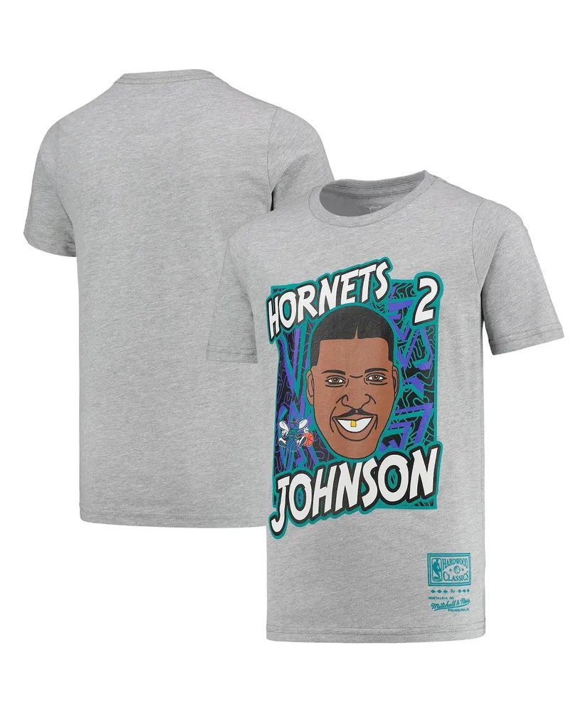 Big Boys and Girls Mitchell & Ness Larry Johnson Gray Charlotte Hornets Hardwood Classics King Of The Court Player T-shirt