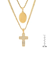 Steeltime Men's 2 Pieces 18k Gold Plated Stainless Steel and Simulated Diamonds Double Layered Cross and Our Lady of Guadalupe Pendant Set