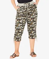 Plus Size Cotton Cinch Print Capri Pants