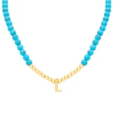 Reconstituted Turquoise & Polished Gold Bead Initial 18" Pendant Necklace in 14k Gold-Plated Sterling Silver