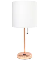 LimeLights Stick Lamp with Charging Outlet - White Shade, Rose Gold