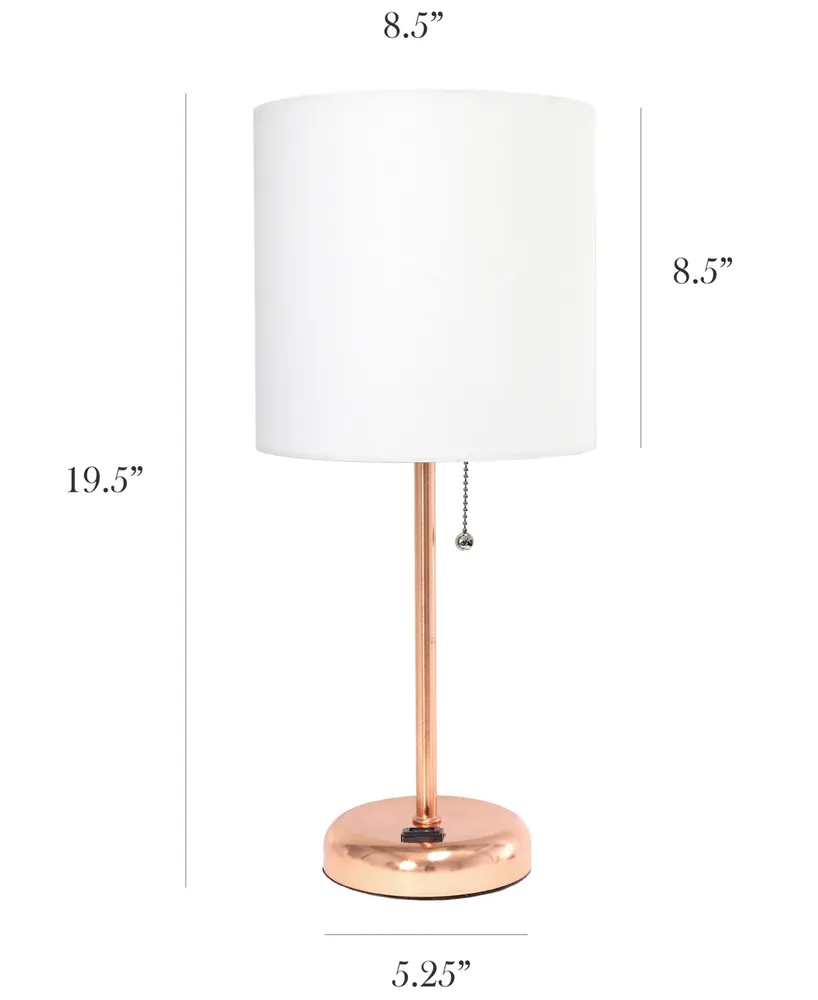 LimeLights Stick Lamp with Charging Outlet, Set of 2 - White Shade, Rose Gold