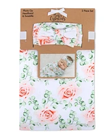 Baby Girls Soft Floral Swaddle Wrap Blanket with Matching Headband, 2 Piece Set