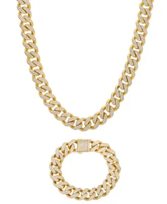 Mens Cubic Zirconia Curb Link Chain Necklace Bracelet In 24k Gold Plated Sterling Silver