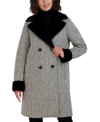 Tahari Women's Double-Breasted Faux-Fur-Trim Coat