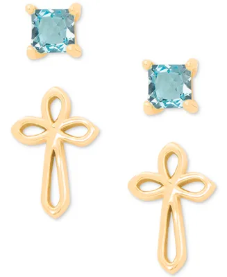 2-Pc. Set Blue Topaz Solitaire (3/8 ct. t.w.) & Cross Stud Earrings in 14k Gold-Plated Sterling Silver