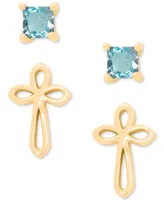 2-Pc. Set Blue Topaz Solitaire (3/8 ct. t.w.) & Cross Stud Earrings in 14k Gold-Plated Sterling Silver