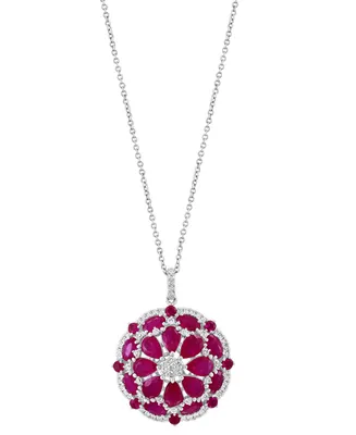 Effy Ruby (6-7/8 ct. t.w.) & Diamond (5/8 ct. t.w.) Flower Cluster 18" Pendant Necklace in 14k White Gold