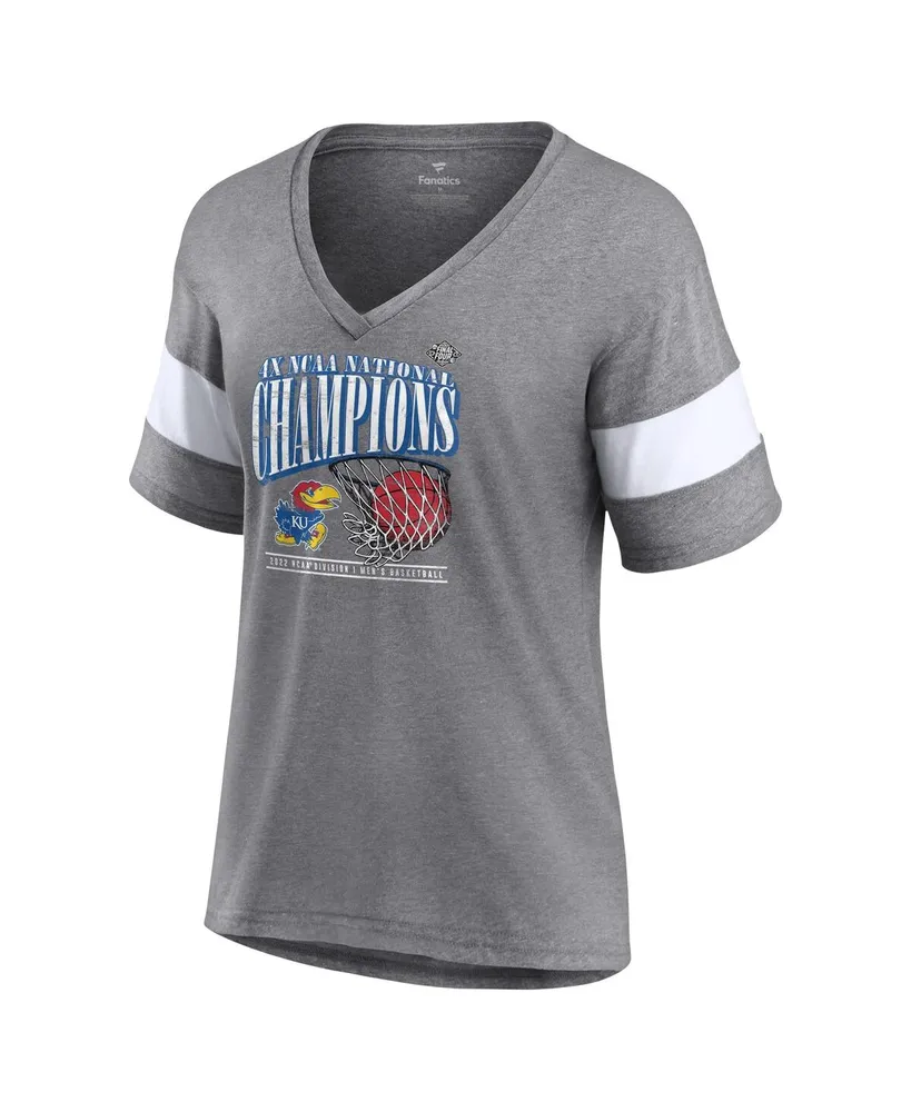 Women's Fanatics Heathered Gray Kansas Jayhawks 2022 Ncaa Men's Basketball National Champions Press Vintage-Like V-Neck T-shirt
