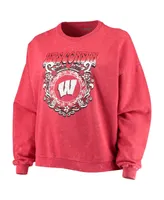 Women's ZooZatz Red Wisconsin Badgers Garment Wash Oversized Vintage-Like Pullover Sweatshirt