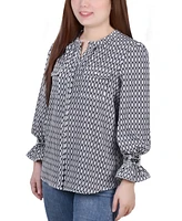 Petite Long Sleeve Y-Neck Blouse