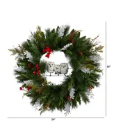 Holiday Winter Owl Family Pinecone Berry Christmas Artificial Wreath, 24" Round