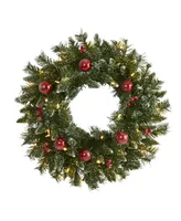 Frosted Artificial Christmas Wreath with Lights, Ornaments and Berries, 24"