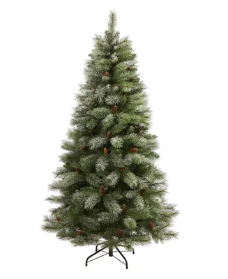 Snowed French Alps Mountain Pine Artificial Christmas Tree with Bendable Branches and Pine Cones, 72"