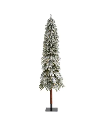 Flocked Grand Alpine Artificial Christmas Tree with Lights and Bendable Branches on Natural Trunk, 96"