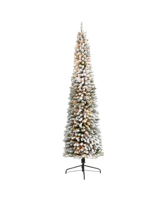 Flocked Pencil Artificial Christmas Tree with Lights and Bendable Branches