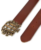 Tommy Hilfiger Men's Iconic Monogram Crest Plaque Buckle Leather Belt