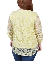 Ny Collection Plus Size Long Sleeve Burnout Y-Neck Blouse