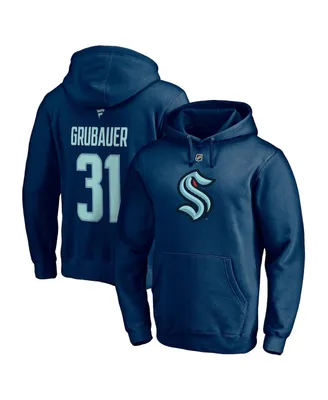 Men's Fanatics Philipp Grubauer Deep Sea Blue Seattle Kraken Authentic Stack Name and Number Pullover Hoodie