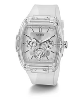 Guess Men's Multi-Function Transparent and Silver-Tone Silicone Strap Watch 43mm