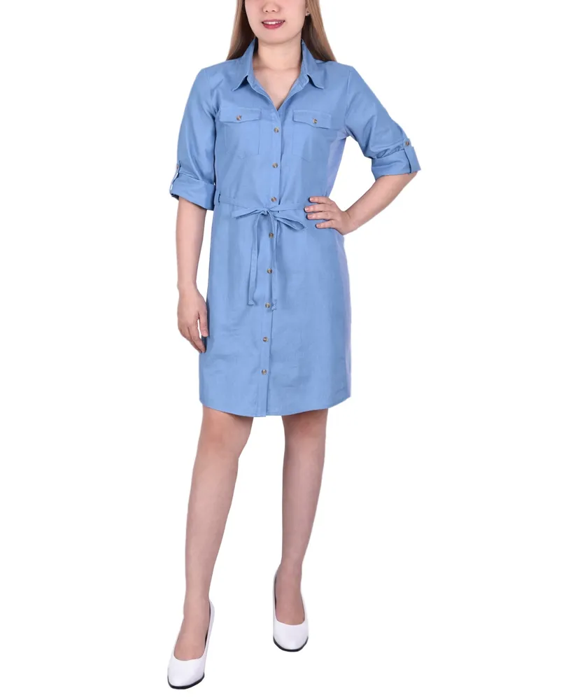 Petite 3/4 Roll Tab Sleeve Denim Dress