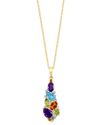 Effy Multi-Gemstone (2-3/4 ct. t.w.) & Diamond (1/20 ct. t.w.) Elongated Cluster 18" Pendant Necklace in 14k Gold
