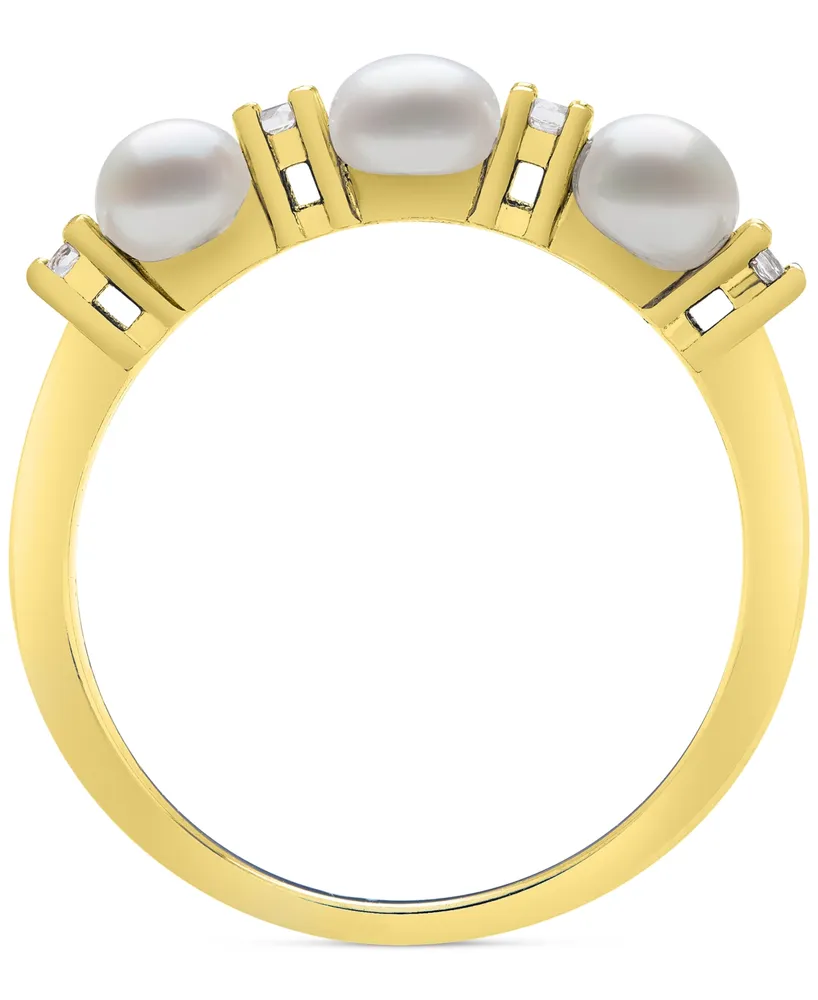 Belle de Mer Cultured Freshwater Button Pearl (4mm) & Lab-Created White Sapphire (1/6 ct. t.w.) Ring in 14k Gold-Plated Sterling Silver
