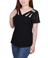 Women's Short Flutter Sleeve Top with Cutouts and Stones