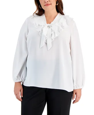 Kasper Plus Tie-Front Ruffle-Trim Blouse