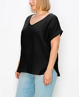 Coin 1804 Plus Gauze V-neck Rolled Sleeve Top