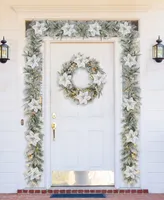 Glitzhome 9' Pre-Lit Snow Flocked Greenery Pine Poinsettia Christmas Garland with 50 Warm White Lights Set, 2 Piece