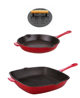 Neo Cast Iron Fry Pan, Grill Pan and Slotted Steak Press, Set of 3