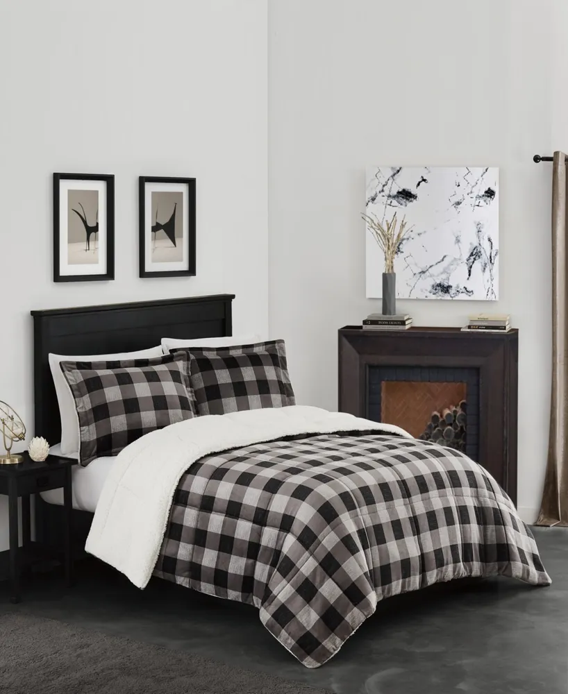 London Fog Herringbone Plaid 3 Piece Comforter Set, Full/Queen