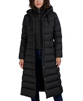 Tahari Womens Maxi Shine Bibbed Faux-Fur-Trimmed Hooded Puffer Coat