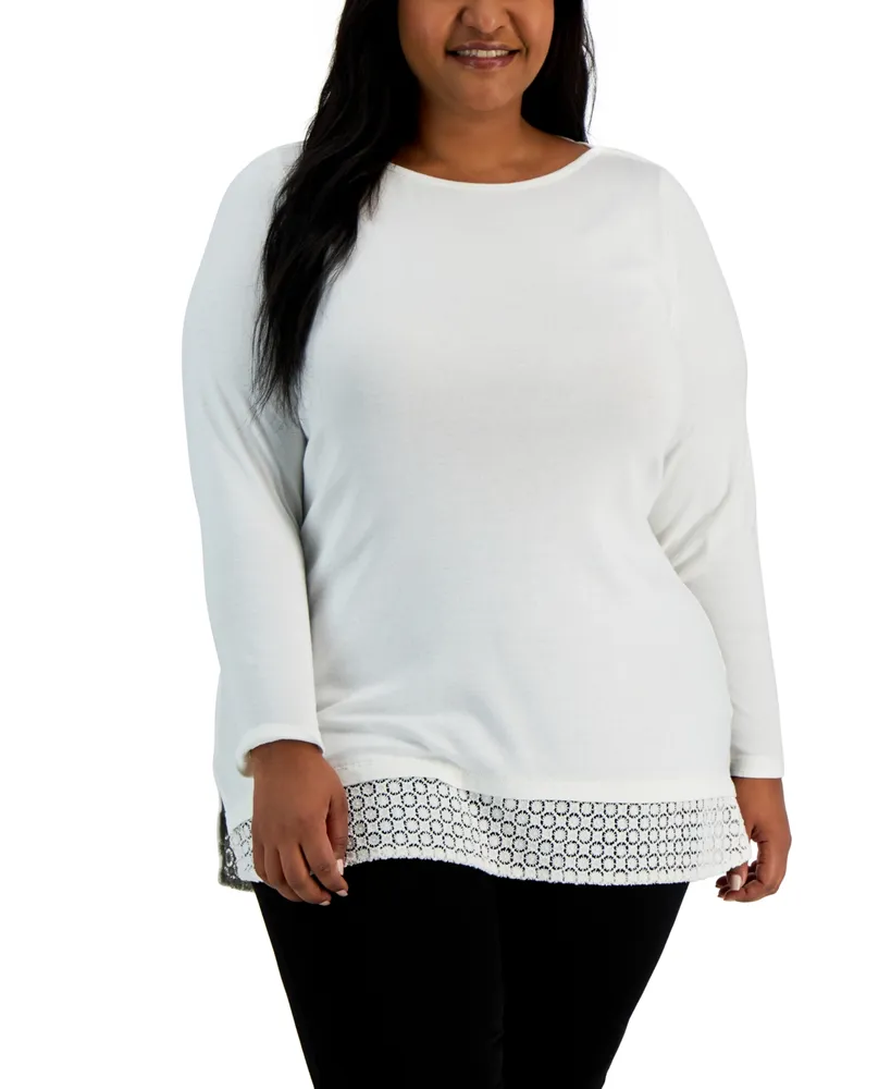 Karen Scott Women's Cotton Lace-Hem Top, Created for Macy's