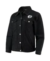 Women's The Wild Collective Black Brooklyn Nets Patch Denim Button-Up Jacket