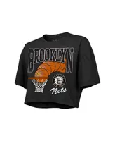 Women's Majestic Threads Charcoal Brooklyn Nets Bank Shot Cropped T-shirt