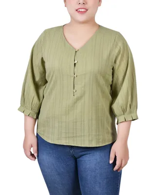 Ny Collection Plus Size 3/4 Sleeve Button Placket Jacquard Blouse