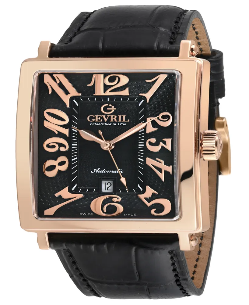 Gevril Men's Avenue of Americas Swiss Automatic Italian Black Leather Strap Watch 44mm