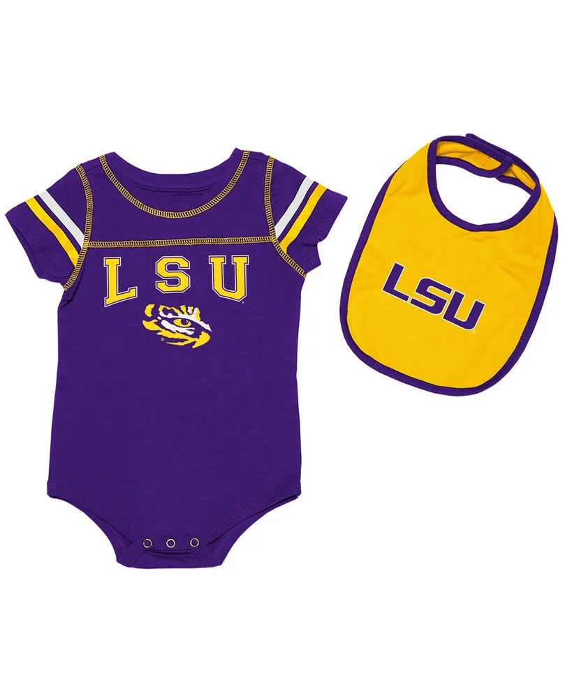 Newborn and Infant Boys Girls Colosseum Purple, Gold Lsu Tigers Chocolate Bodysuit Bib Set