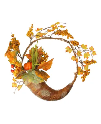 Fall Leaves Berries and Pumpkins Artificial Thanksgiving Cornucopia Wreath Unlit, 18"