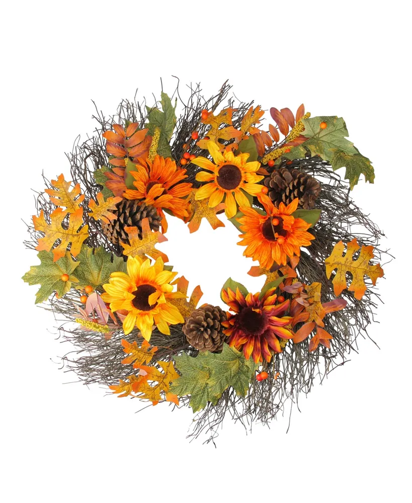 Sunflowers and Pine Cones Fall Artificial Thanksgiving Wreath Unlit, 24"