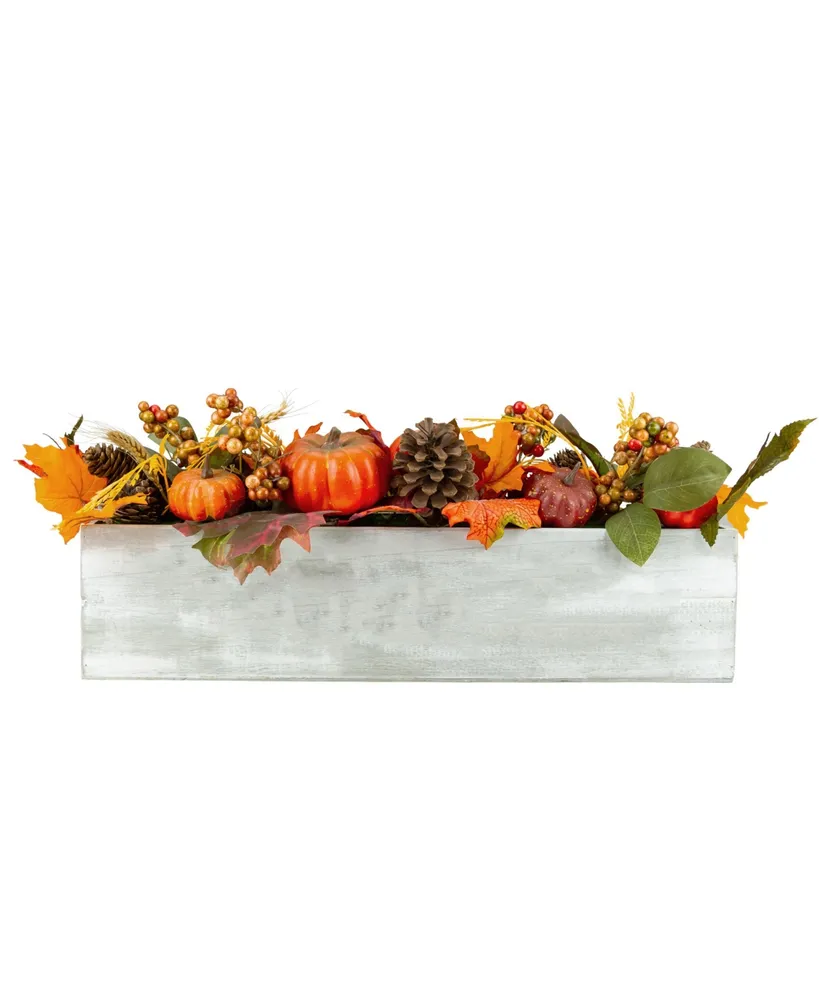 Autumn Harvest Arrangement in a "Thankful" Rustic Wooden Box Centerpiece, 21"