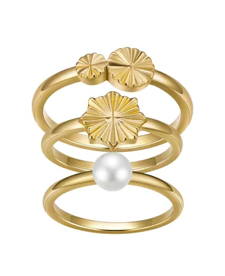 Unwritten Cultured Pearl and Diamond-cut Flower 3-piece Ring Set - Gold