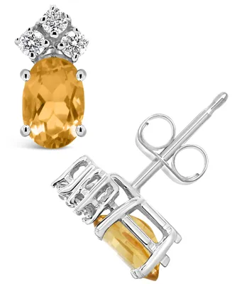 Citrine and Diamond Stud Earrings (7/8 ct.t.w and 1/8 ct.t.w) 14K White Gold
