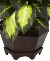 Nearly Natural Triple Golden Dieffenbachia Artificial Plant in Wood Vase